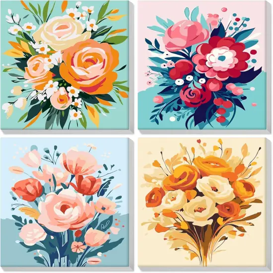 4 Pack Flowers Paint by Numbers for Adults Beginners Framed, Adults' Paint-by-Number Kits, Easy Adult Paint by Number Kits on Canvas, Acrylic Number Painting for Home Decor, 8x8in {1}