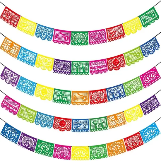 5PCS Mexican Party Banners, Cinco De Mayo Decoration Fiesta Party Decoration, Mexican Themed Party Decor 5 De Mayo Banner Plastic Papel Picado, Mexico Birthday Party Supplies -12 Patterns/90FT {1}