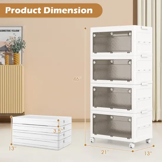 White PP HIPS 4-Tier Stackable Storage Bins and Quick Fold with Rolling Casters {4}