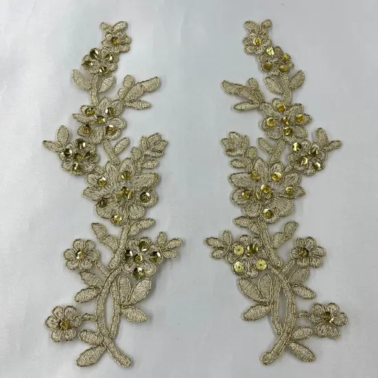 1 Pair Beaded & Corded Floral Lace Applique 10" x 2" Each Side Gold Metallic {1}