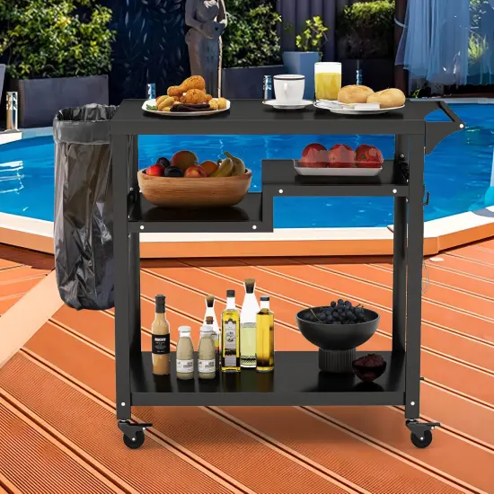 Black Metal Outdoor Grill Table, Rolling Prep Cart with Shelves and Hooks {6}