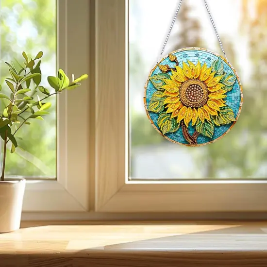DIY Hanging Diamonds Painting Pendant Kit Sunflower, 7.4x7.4inch Gem Painting Board Art Kit Ornament, Special Crystal Diamond Craft Box Kit, Yellow {5}