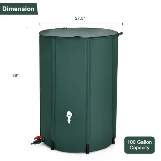 100 Gallon Green Foldable Portable Rain Barrel Water Collector Tank with Spigot Filter and Mesh Top {5}