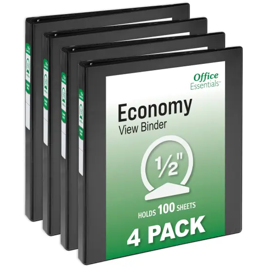 Office Essentials Economy View 3 Ring Binders, 0.5" Round Rings, 0.7" Spine, 100-Sheet Capacity, Black Binders (4-Pack of 03125) {1}