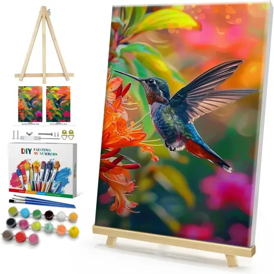Framed Paint by Numbers Kit for Adults, Hummingbird Paint by Numbers Kit for Adults with Easel, DIY Flower Bird Paint by Number with Frame, Adult Paint by Number Kits Framed Canvas 8x12 Inch {1}