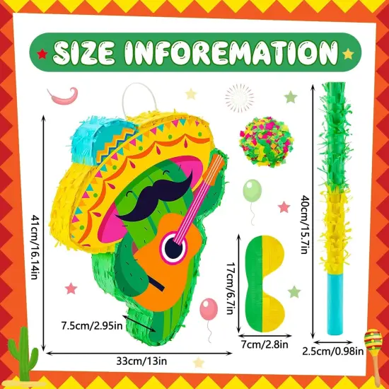 Cactus Pi&ntilde;ata Mini Sombrero Party Hats Mexican Fiesta Decorations with Pi&ntilde;ata Stick Blindfold Confetti Set, 16.1 x 13 x 3 Inch {2}
