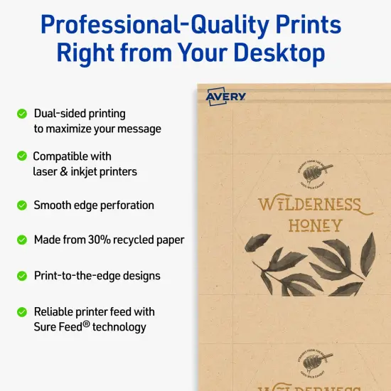 Avery Printable Hexagon Business Cards, Sure Feed Technology, 2-1/2" x 2-9/10", Matte Kraft Brown Cardstock, Print-to-The-Edge, Laser/Inkjet Printable, 60 Total {2}