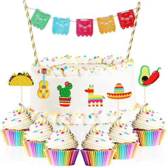 43 Pcs Fiesta Cupcake Topper and Picado Banner for Fiesta Party Decorations Mexican Theme Cake Decorations for Mexican Themed Cactus Donkey Taco Pepper Sombrero Mustache Party Decorations {1}