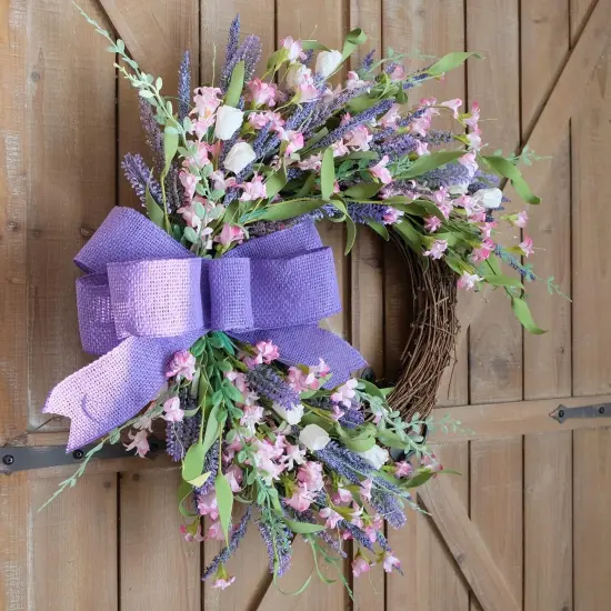 18 Inch Summer Forsythia & Lavender Wildflower Wreath for Front Door &ndash; Rustic Farmhouse Artificial Flower Wreath with Burlap Bow for Indoor and Outdoor Home Decor {3}