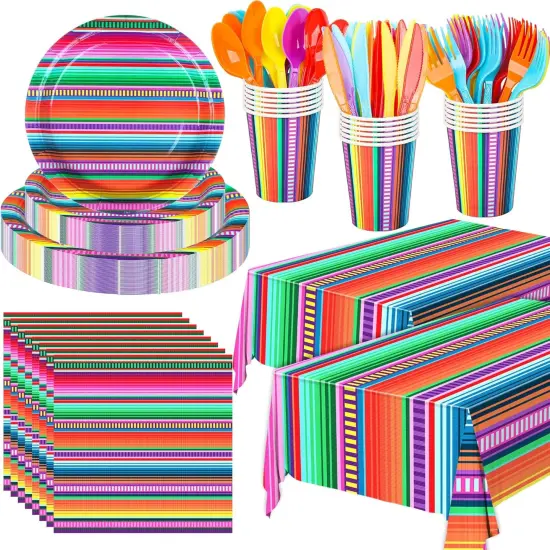177 PCS Mexican Fiesta Party Supplies Fiesta Tableware Set Mexican Serape Paper Plates Napkins Cups Mexico Stripes Plastic Tablecloth for Cinco De Mayo Mexico Birthday Party {1}