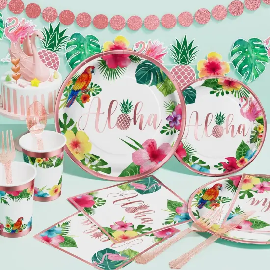 Hawaiian Luau Birthday Party Decorations 329PCS Tropical Aloha Rose Gold Party Supplies for Summer Beach Decor Disposable Dinnerware Set {3}