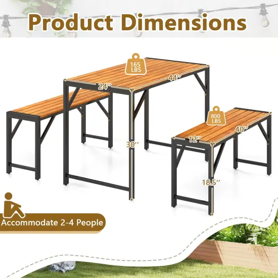 Natural Acacia Wood 3-Piece Dining Set, Metal Frame Table and Benches {4}