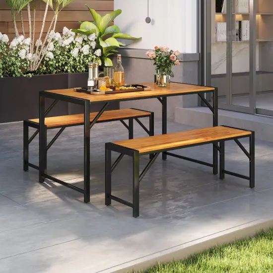Natural Acacia Wood Dining Set, 3-Piece Table and Bench Set {6}