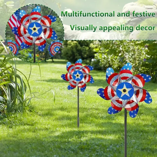 10 Pieces 21 Inches Patriotic Reflective Pinwheels with Stakes, American Flag Windmill Wind Spinners {4}