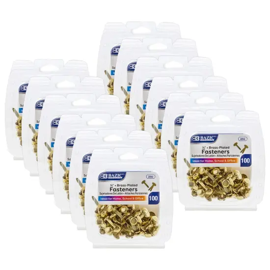 Brass-Plated Fasteners, 1/2", 100 Per Pack, 12 Packs {1}