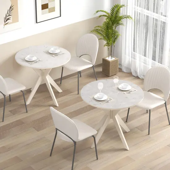 White Rubber Wood Round Dining Table with Faux Marble Top {2}