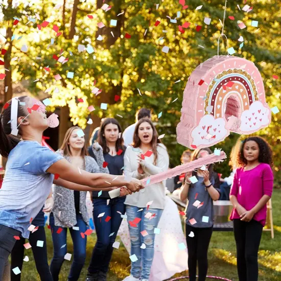 Rainbow Pi&ntilde;ata Pink Rainbow Birthday Party Pi&ntilde;ata with Bat Stick Blindfold Boho Theme Birthday Baby Shower Toys Games Party Supplies Decor {4}