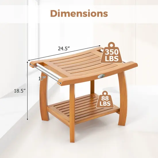 2-Tier Teak Wood Slatted Design Shower Bench Stool with Curved Seat and Bottom Storage Shelf {5}
