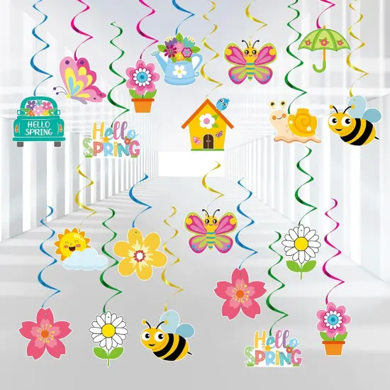 48 PCS Spring Hanging Swirls Decorations, Sun Flowers Butterfly Ceiling Swirls {1}