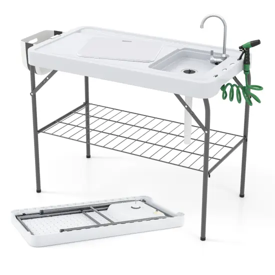 2 in 1 Foldable Fish Cleaning Workstation with Adjustable Drain Hose and Metal Frame {1}