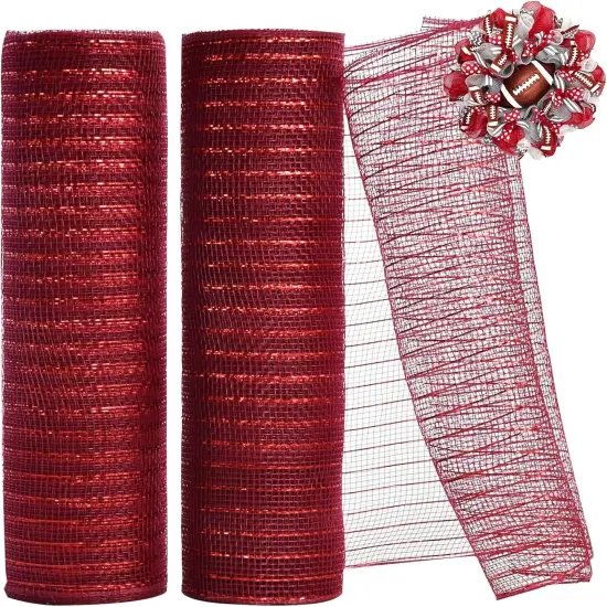 2 Rolls 10 Inch Deep Red Decorative Mesh Ribbbon Rolls, Fabric Mesh with Foil {1}