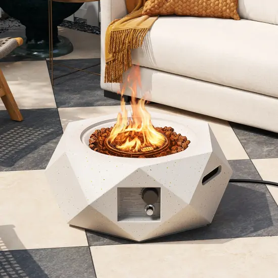 White Hexagon Terrazzo Fire Pit Table, 40,000 BTU and Stainless Steel Burner {3}