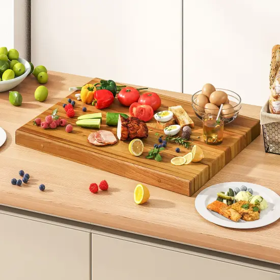 Teak Wood Cutting Board Extra Large Edge Grain Butcher Block with Handles, Reversible Design, Pre-Treated {2}