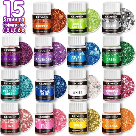 Holographic Chunky Glitter - 15 Colors Craft Glitter for Resin, Nail, Body & Jewelry Arts - With 5 Mixing Spoons {3}