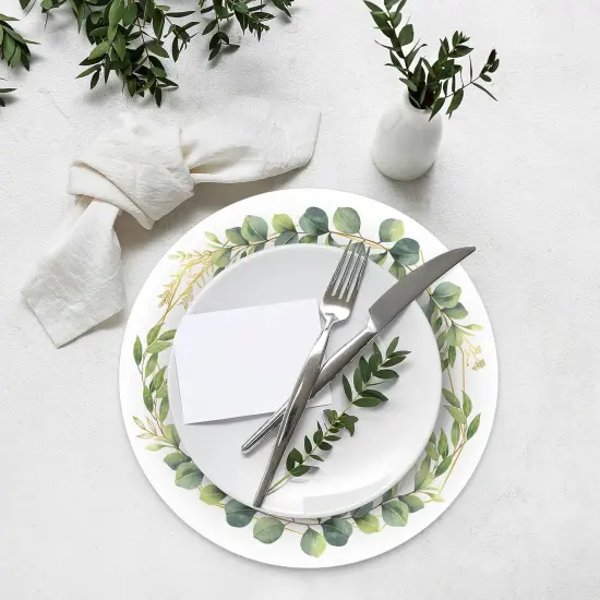 60Pcs Disposable Eucalyptus Leaves Place Mats Spring Summer Greenery Round Paper Table Mats Sage Green Eucalyptus Leaves Party Dining Table Decorations for Home Kitchen Baby Shower Wedding {5}