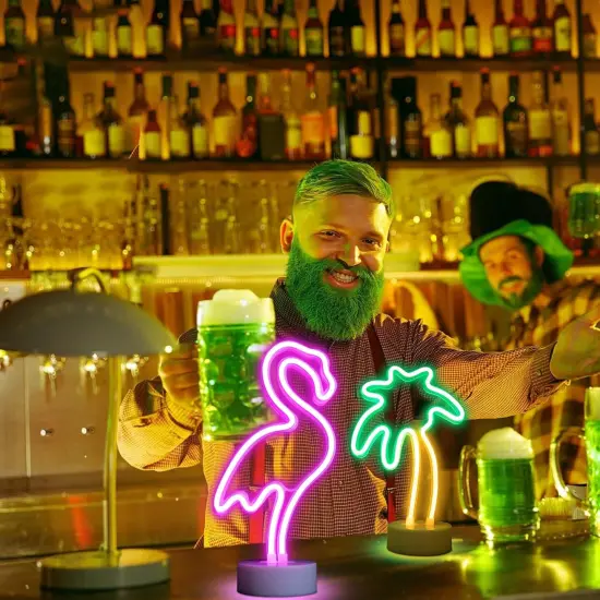 2 Packs Decoration Neon Signs Light Pink Flamingo and Green Palm Tree Neon Tabletop Decor Lights USB/Battery Powered Neon Lights for Bedroom Girls Kids Birthday Party Christmas - Flamingo & Palm Tree {3}