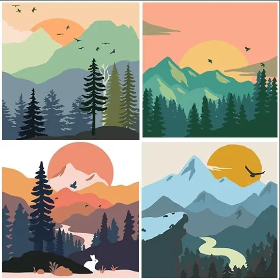 4 Pack Paint by Number for Adults, Easy Sunset Landscape DIY Arts and Crafts for Adults Beginner with Paints Brushes, Tree River Mountain Acrylic Paint Set for Home Decor 8&times;8 Inch {1}