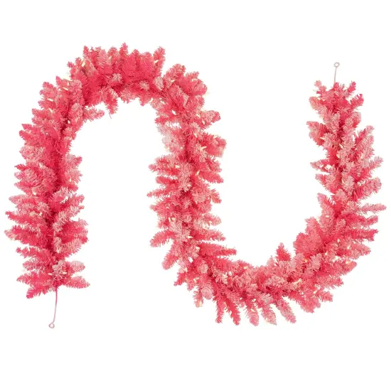Northlight Pre-lit Flocked Artificial Christmas Garland - 9' x 12" - Pink - Clear Lights {3}