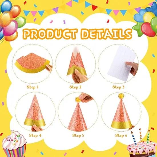 24 Pcs Colorful Party Hats with Pompoms, Glitter Birthday Party Cone Hats Paper Birthday Cone Hats for Birthday Party Supplies {3}