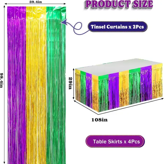4 Packs Mardi Gras Table Skirts & 2 Pack Mardi Gras Tinsel Curtains,29x108 Inch Metallic Foil Fringe Table Skirts for Carnival Mardi Gras New Orleans Masquerade Party {2}