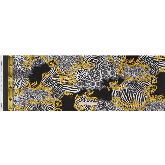 1 Yard Black, White, Yellow & Gold Floral Scrolls Silk Charmeuse Print, 53 Inches Width {4}