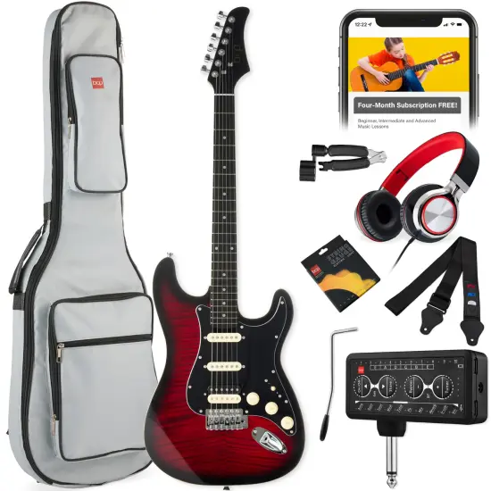Best Choice Products Beginner Electric Guitar Kit w/ Headphone Amp, Padded Gig-Bag, Headphones Cherry Red/White {7}