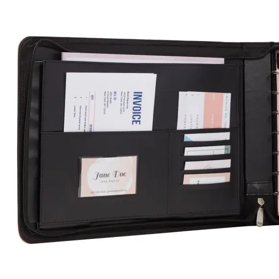 7-Ring Business Check Binder with Zipper for Checkbooks Organization, Rose Gold Zippered Portfolio Organizer, Professional PU Leather Folder Holder for Documents, Cards (15x12 in) {6}