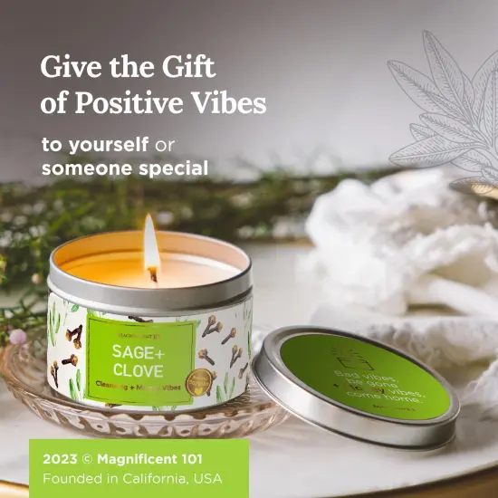 Magnificent 101 Long Lasting Sage + Clove Scented Smudge Candle | 6 Oz - 35 Hour Burn Time | Made of Soy Wax for House Energy Cleansing & Manifestation | Energize Your Financial Journey Multicolor {6}