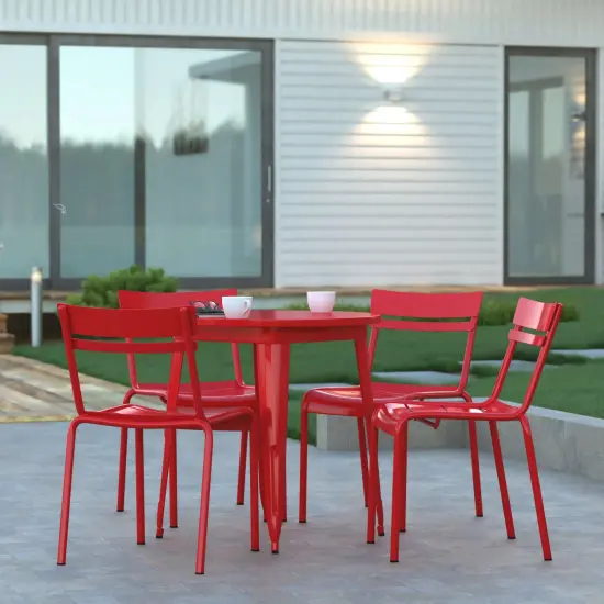 Emma and Oliver Rennes Armless Powder Coated Steel Stacking Dining Chair with 2 Slat Back for Indoor-Outdoor Use {11}
