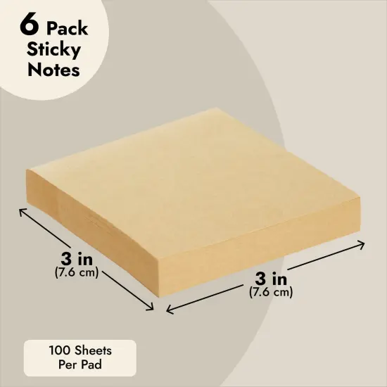 Juvale 6-Pack Kraft Paper Sticky Notes 3x3 inch, Brown Self-Adhesive Memo Notepad Set, Self-Stick Note Pads for Office Work, Home, School, Teachers, 100 Sheets Per Pad {4}