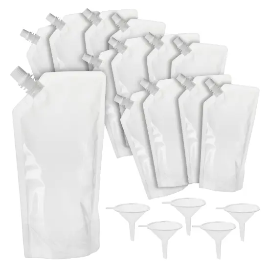 50 Pack 16oz Reusable Adult Plastic Drink Pouches with Funnels for Juice, Soda, Liquor (9 x 5 In) {6}