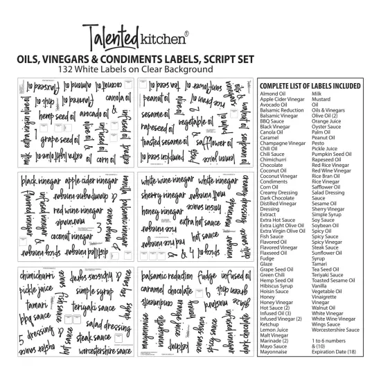 Talented Kitchen 132 White Script Oil and Vinegar Labels for Bottles, Clear Preprinted Condiments and Olive OIl Label Stickers for Squeeze Dispensers, Kitchen Pantry Organization {7}