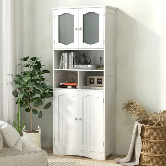 58.5 Inch Freestanding Linen Bathroom Storage Cabinet with Frost Glass Doors White {6}