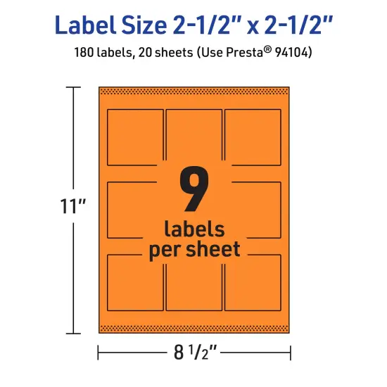 Avery Bright Orange Paper Labels, 2.5" x 2.5" Square {5}
