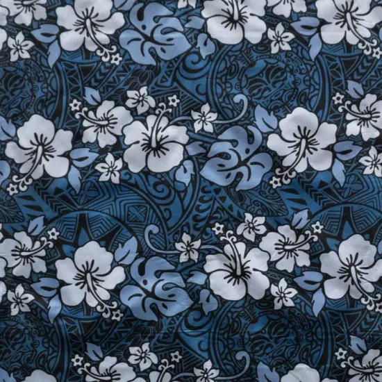 1 Yard Hibiscus Plumeria Monstera Leaf Fabric 100% Polyester, 60 Inches Width Royal / Aqua {5}