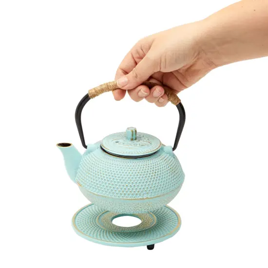 Cast Iron Teapot with Infuser - Japanese Tea Kettle, Loose Leaf Tetsubin with Handle and Trivet (Green, 3 Pcs, 18 oz,500 ml) {4}
