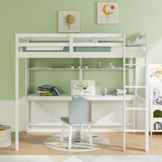 3-in-1 Twin Size Space-saving Loft Platform Bed Frame with 13 Wooden Slat and Safety Guardrails White {3}