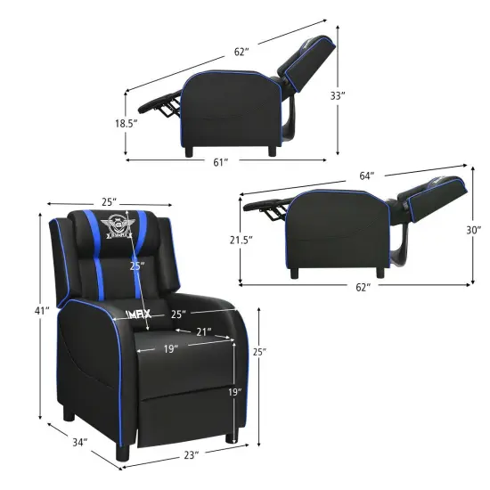 Massage Racing Gaming Single Recliner Chair with Adjustable Backrest and Footrest Blue {5}
