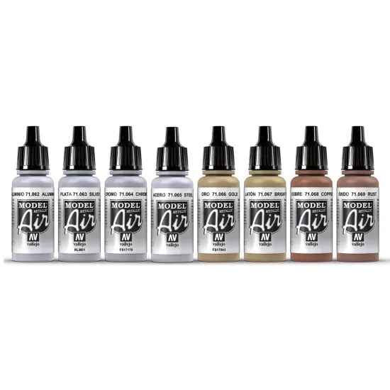 Vallejo Paints: Model Air Color Set - Metallic Effects - 16 Paint Colors - 18ml (.60oz) Bottles, Acrylics For Modeling & Miniatures, Opaque, Hobby {5}