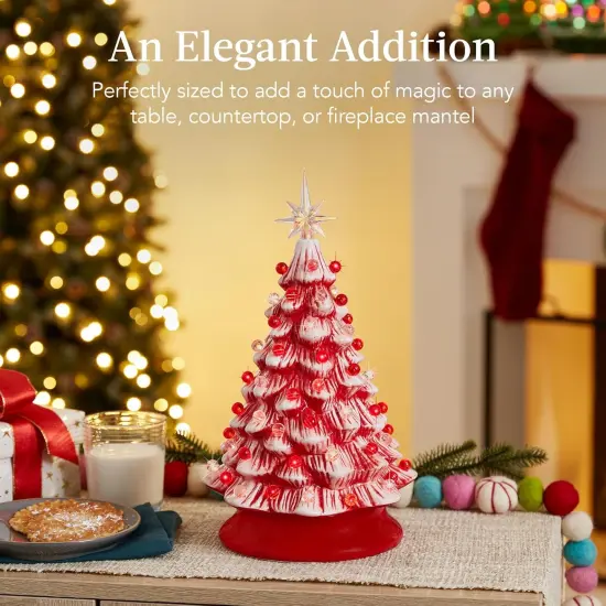 15in Ceramic Christmas Tree Pre-Lit Tabletop Holiday Tree with Star Topper and Multicolored Bulbs Peppermint {5}